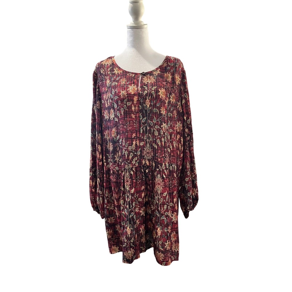 Peruvian Connection Tunic Mini Dress Silk Blend Floral Plaid Red Burgundy US 12